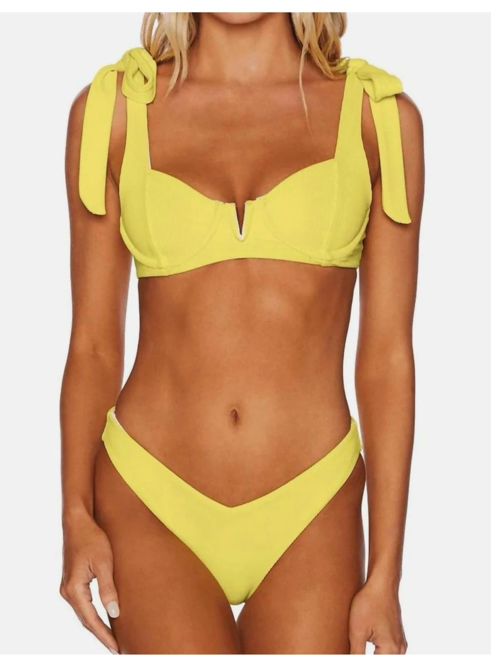 Yellow Tie-Shoulder V-Notch Bikini Set - Women Swim